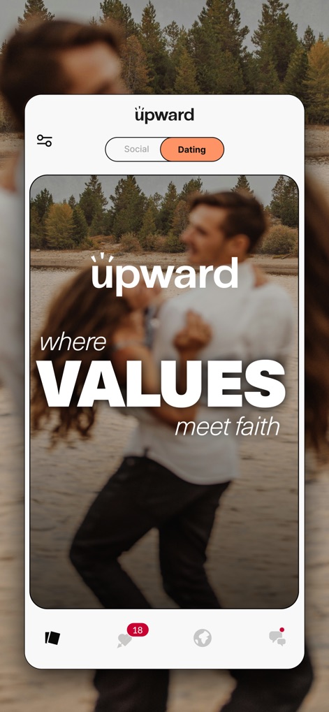 Upward: Dating for Christians - See how the app highlights shared beliefs with the prominent "VALUES meet faith" message and offers distinct "Social" and "Dating" modes for user preference.