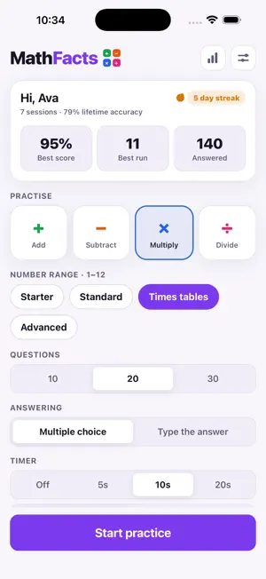 Timed math facts screenshot 1