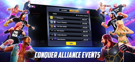 WWE Mayhem - Explore the "Alliance" interface where users can track their progress on the leaderboard and participate in cooperative alliance events for exclusive rewards.