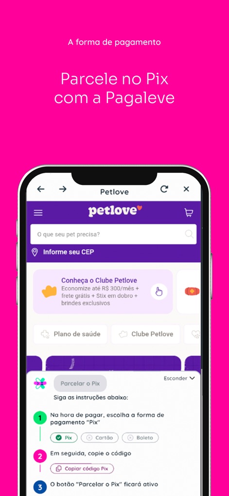 Pagaleve - The app guides users through the payment process with clear 'Parcelar o Pix' instructions and a prominent 'Copiar código Pix' button for quick transactions.