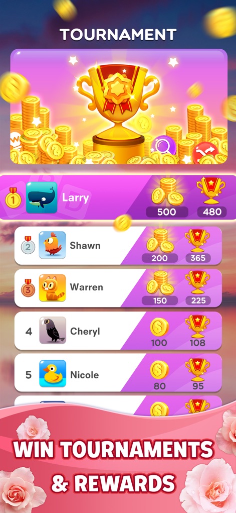 Word Crush® - Fun Puzzle Game - L'app presenta tornei competitivi dove i giocatori possono scalare la classifica, come evidenziato dall'elenco dei partecipanti e dai simboli delle ricompense (monete e trofei) in cima alla schermata.