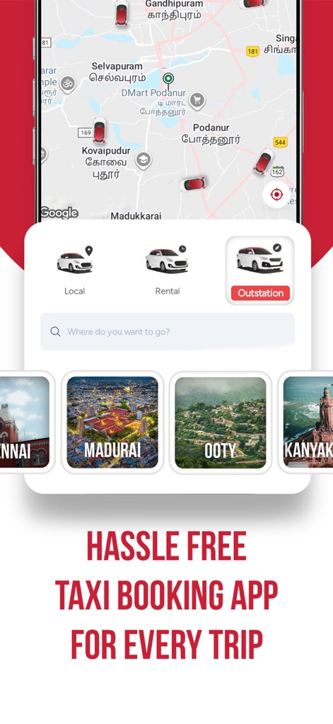 Red Taxi - Cab Booking App - This tool simplifies travel by allowing users to effortlessly select Outstation trips and view popular destinations like Madurai.