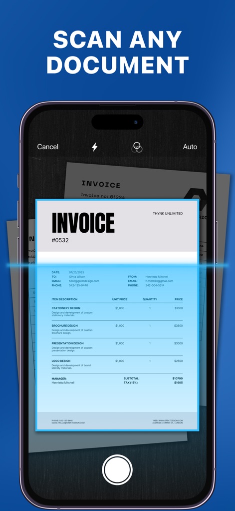 Air Printer App: Smart Print - La funzionalità di scanner è dimostrata catturando un 'invoice document' con precisione, e un 'blue highlight' indica l'area del documento in fase di scansione per una chiara digitalizzazione.