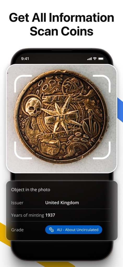 Lens AI: Identify Anything - This feature offers in-depth details for scanned objects, displaying a coin's issuer and specific minting year.