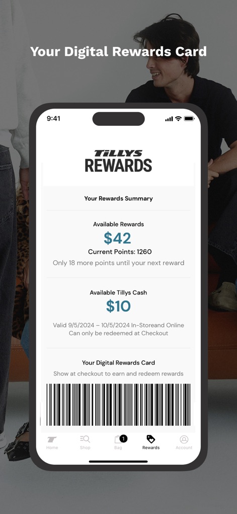 Tillys - This section displays available rewards and Tillys Cash balances, along with a scannable digital barcode for in-store redemption.