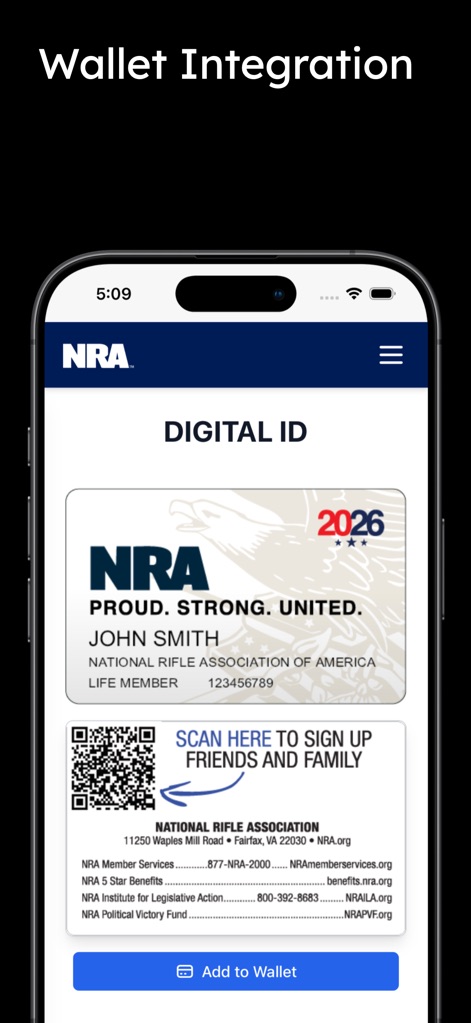 NRA - The app provides seamless access to a digital ID card, featuring membership details and a clear "Add to Wallet" button for convenience.