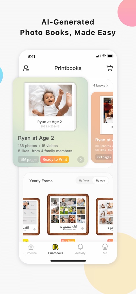 TimeHut - Baby Album - Explore the creative possibilities of the 'Printbooks' feature, allowing for the generation of beautiful keepsakes, as seen with the 'Yearly Frame' photo book previews.