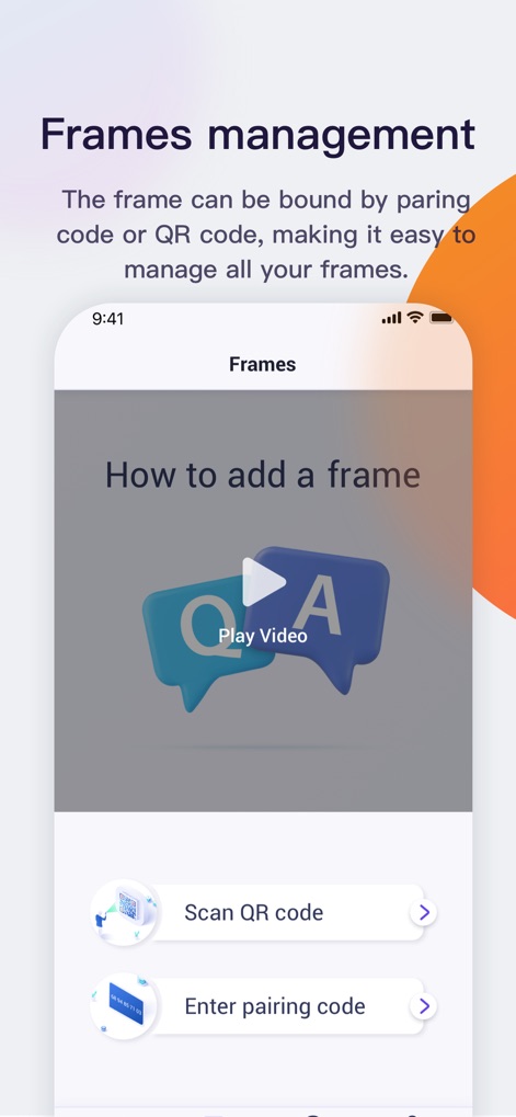 Uhale - Die App bietet eine intuitive Anleitung zum Hinzufügen von Fotorahmen, dargestellt durch die Videoanleitung 'How to add a frame' und die Optionen zum Scannen eines QR-Codes oder Eingeben eines Pairing-Codes.
