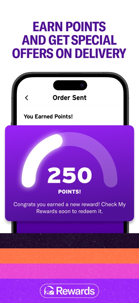 Taco Bell Fast Food & Delivery - A clear notification confirms '250 POINTS!' earned, prompting users to 'Check My Rewards soon to redeem it' for upcoming benefits.