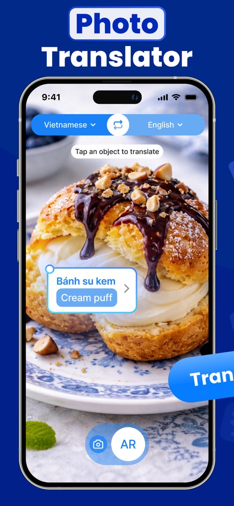 Voice Translator AI Translate - Gli utenti possono tradurre testi direttamente da immagini, come dimostrato dalla traduzione di "Bánh su kem" in "Cream puff", grazie all'innovativa funzione "AR" per la realtà aumentata.