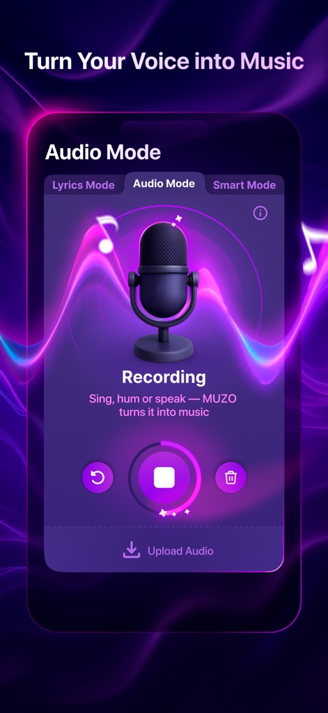 AI Music Maker・Song Generator・ - Users can effortlessly transform spoken words or humming into music using the intuitive 'Recording' interface and 'Upload Audio' functionality.