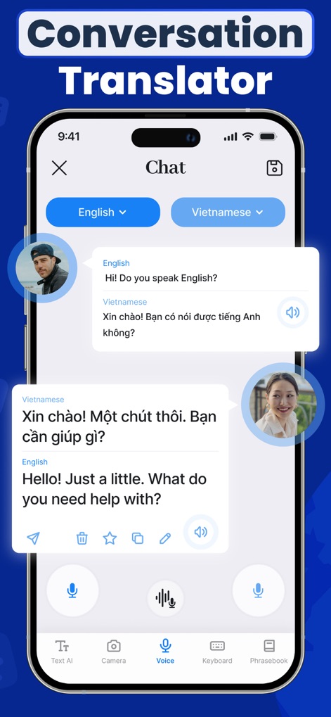Voice Translator AI Translate - La funzione Conversazione permette dialoghi bidirezionali in tempo reale, evidenziata dalle bolle di testo bilingue e dalle icone degli altoparlanti che indicano la riproduzione vocale.