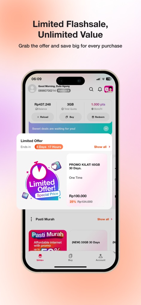 bima+ - This tool showcases time-sensitive "Limited Offer" deals with a visible countdown timer and highlights attractive "PROMO KILAT!" data packages.