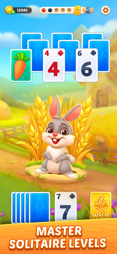 Solitaire Farm Adventure - This screenshot highlights an engaging rabbit character observing the game, alongside a distinctive "carrot" themed card integrated into the TriPeaks solitaire board.