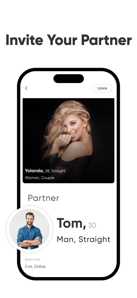 3Fun: Couples & Singles Dating - The app demonstrates a core feature allowing users to "Invite Your Partner," visually linking two individual profiles together for seamless couple participation.