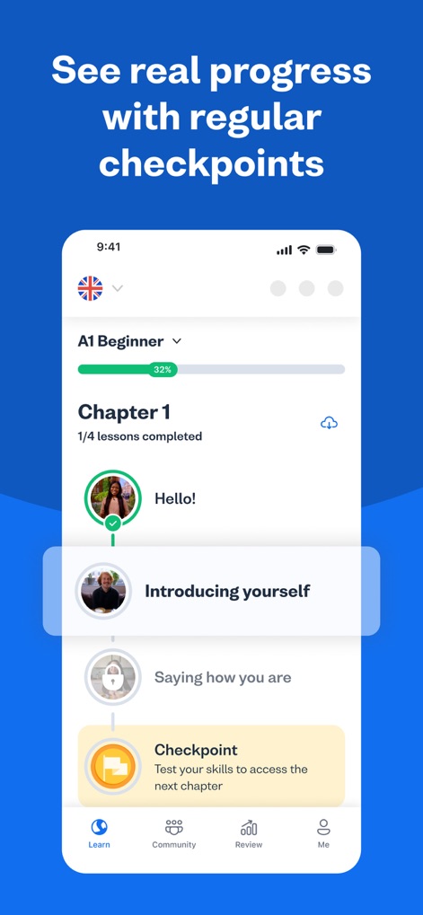 Busuu: Language Learning - La aplicación muestra un progreso tangible mediante un camino de aprendizaje estructurado, destacando el avance con una clara barra de progreso por capítulo y desafiantes íconos de 'Checkpoint' para evaluar conocimientos.