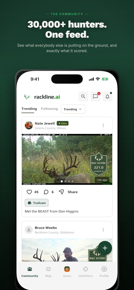 rackline.ai - AI Deer Scoring App Store screenshot 5, headline “30,000+ hunters. One feed.”. User or download count.