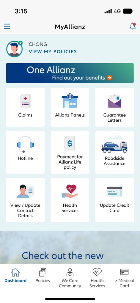 MyAllianz MY - O painel principal exibe um conjunto abrangente de serviços, incluindo atalhos para 'Claims' e 'Roadside Assistance', facilitando o acesso rápido.