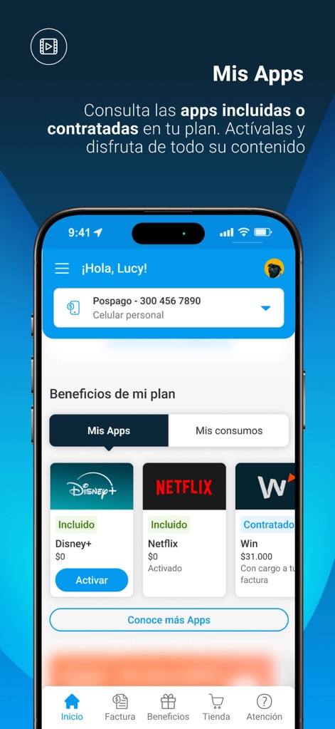 Mi Movistar Colombia - この画面では、プランに含まれるまたは契約済みの「Disney+」や「Netflix」などのアプリが一覧で表示され、利用可能なアプリを「Activar」ボタンから簡単に有効化できます。