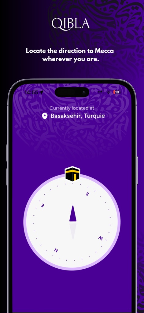 MAWAQIT - Prayer times, mosque - Los usuarios pueden localizar fácilmente la dirección de La Meca en cualquier lugar con la brújula Qibla y la indicación de la ubicación actual, como "Basaksehir, Turquía".