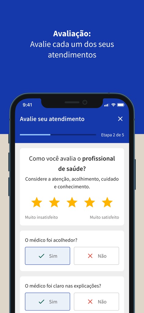 Hapvida NotreDame - The app features a comprehensive service rating system, including a star rating for health professionals and specific yes/no questions about the care received.