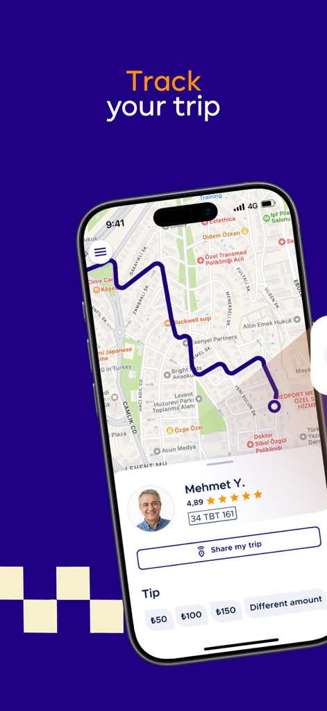bitaksi - your closest taxi! - This interface provides live tracking of the taxi's route on a detailed map and the option to 'Share my trip' with loved ones, alongside visible 'driver details and rating' for added security.