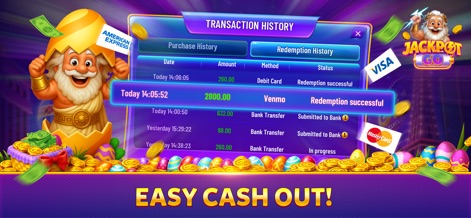 Jackpot Go: Slots Casino - The app demonstrates its secure transaction history feature, showcasing successful "Redemption History" and various payment methods like "Venmo" for swift withdrawals.