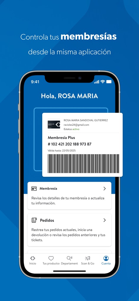Sam's Club México - The app conveniently displays the user's digital membership card, complete with a scannable barcode and detailed membership status, while providing quick access to review membership details and order history.
