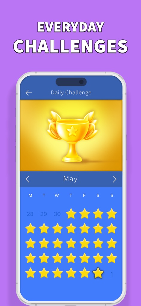 One Line: Drawing Puzzle Game - This view showcases the 'Everyday Challenges' feature, presenting a calendar interface where users can track their progress and earned stars for daily engagement.