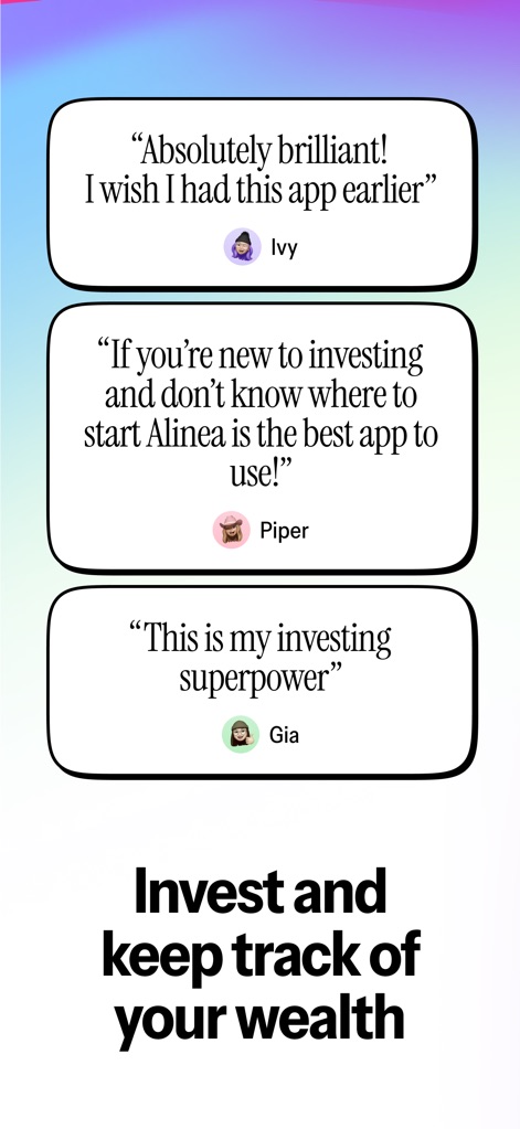 Alinea: Personalized Investing - この画面は、「Ivy」や「Piper」といった複数のユーザーからの肯定的な証言と、投資を始めたばかりのユーザーへの推奨メッセージを表示します。