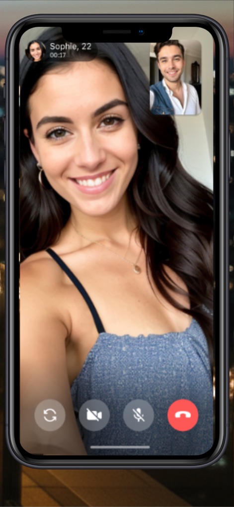 LovePlanet - Dating App - The app facilitates direct communication through a clear video call interface, allowing users to engage face-to-face with features like the visible microphone and camera toggles.