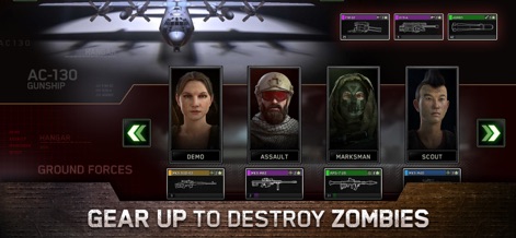 Zombie Gunship Survival: AC130 - Users can strategically select from diverse ground force character types, such as Assault and Marksman, and customize their detailed weapon loadout options before deploying into combat.