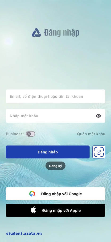 Azota Student - The app offers clear input fields for traditional login credentials and convenient one-tap social login options with Google and Apple.