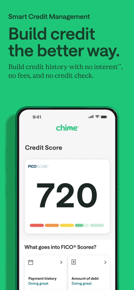 Chime® – Mobile Banking - The app provides clear insights into credit health, displaying a user's FICO® Score and key contributing factors like payment history.