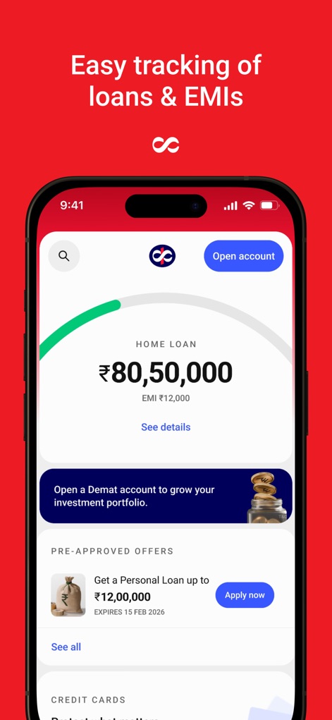 Kotak Bank (New) - Cet écran affiche clairement le 'Home Loan' avec son montant et l'EMI, et suggère des 'Pre-approved offers' personnalisées.