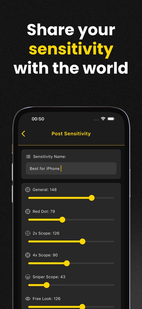 Sensi Master - The app allows gamers to contribute their custom profiles through a dedicated 'Post Sensitivity' interface, featuring adjustable parameters for 'General' settings and 'Sniper Scope' controls.