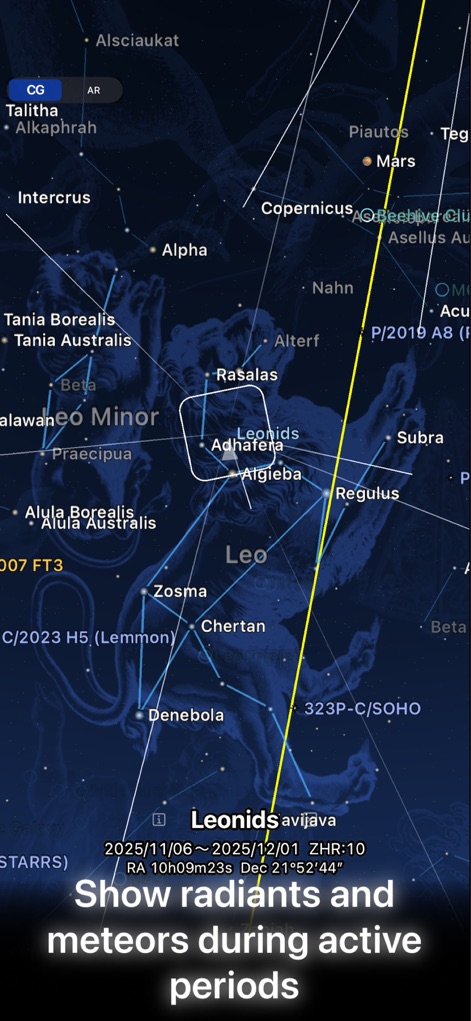 Starry Map - L'app visualizza chiaramente gli sciami meteorici attivi, come le "Leonids" nel cielo sopra la costellazione del "Leo", con il loro "radiant" indicato dalla linea gialla e il periodo di attività dettagliato che va dal "2025/11/06" al "2025/12/01".