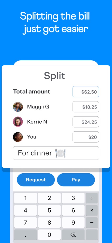 Venmo - Das Feature zum 'Split'-Rechnungen wird demonstriert, wobei individuelle Beträge für jede Person, wie $18.25 für Maggie G, übersichtlich aufgeführt sind und eine Notiz 'For dinner 🍽️' hinzugefügt werden kann.