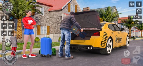 Radio Taxi Driving Game 2021 - Der Mann lädt Gepäck in den geöffneten Kofferraum des ikonischen gelben Taxis, das mit seinen Schachbrettmuster-Details auffällt.