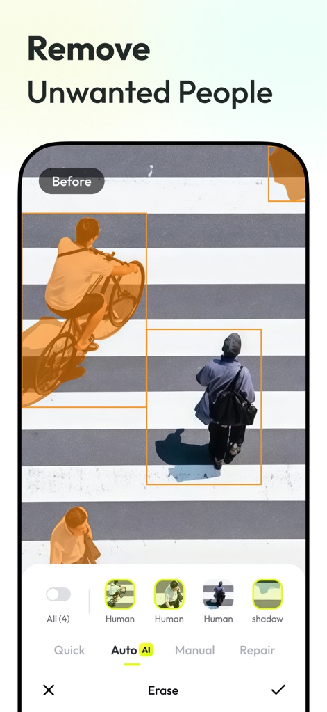 AnyEraser: Remove Objects AI - Users can efficiently remove unwanted elements, as demonstrated by the app's precise highlighting of multiple "Human" figures on a crosswalk.
