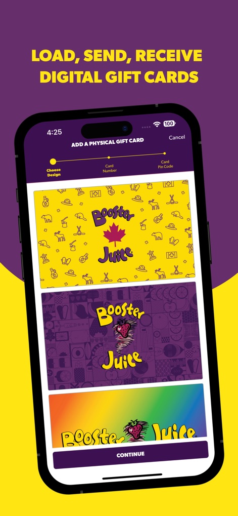 Booster Rewards - Manage digital gift cards with ease, featuring multiple 'Choose Design' options and dedicated fields for 'Card Number' and 'Card Pin Code'.