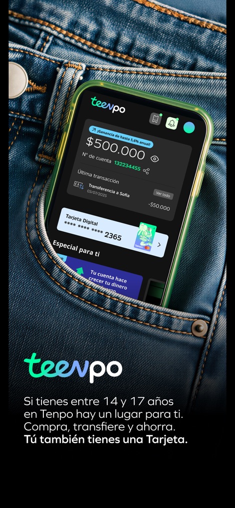 Tenpo: primer neobanco Chile - The app introduces its dedicated "teenpo" interface, specifically catering to users aged 14-17 by offering features for purchases, transfers, and savings.