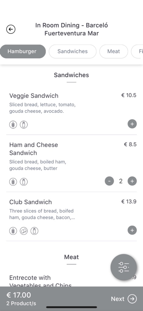 Barceló Hotel Group - Die App präsentiert ein umfassendes Zimmerservice-Menü, das Gerichte mit Preisen auflistet und die einfache Anpassung der Bestellmengen ermöglicht.
