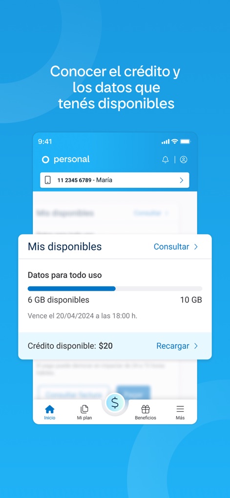 Mi Personal - Monitor data consumption with a clear progress bar indicating '6 GB disponibles', and instantly view 'Crédito disponible' for prepaid balances.
