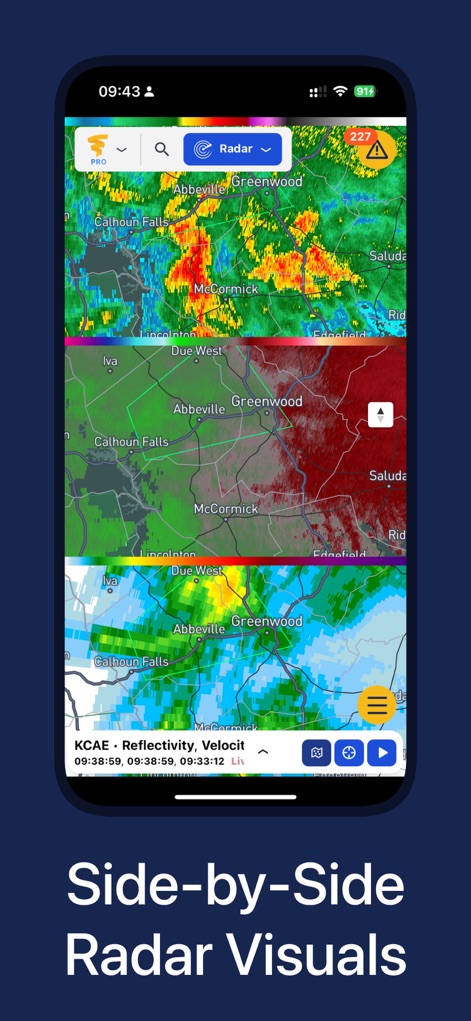 WeatherWise.app - Compare distinct weather phenomena using the triple view radar display, showcasing synchronized data layers for in-depth analysis.