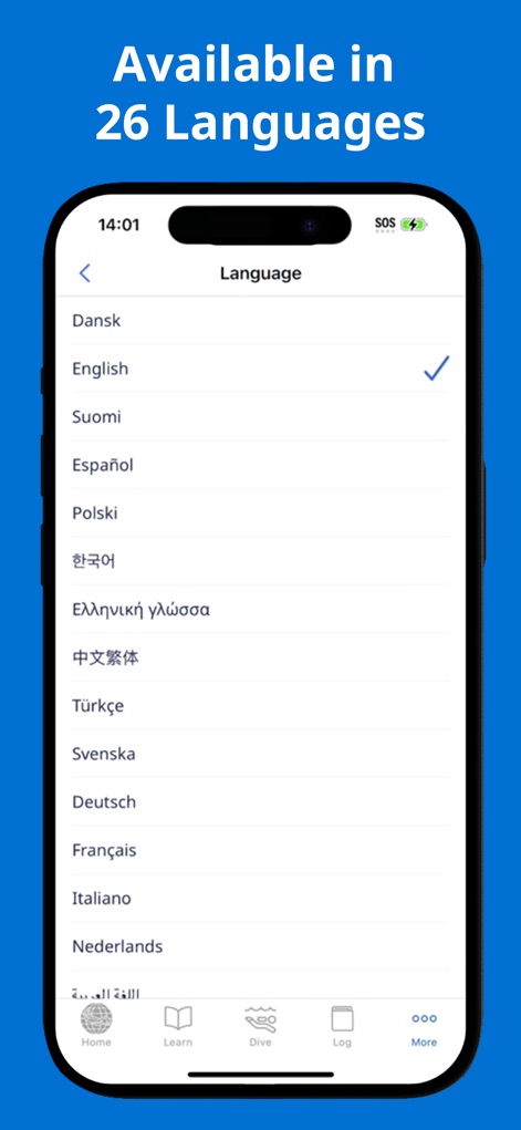 PADI - Esta pantalla demuestra la accesibilidad global de la aplicación, mostrando una extensa lista de idiomas disponibles, con la opción de 'English' actualmente seleccionada.