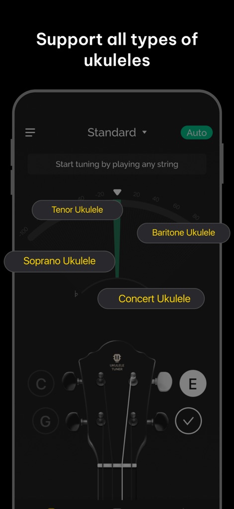 Ukulele Tuner: tune & chords - Esta captura demuestra el amplio soporte de la aplicación para diferentes tipos de ukeleles, con botones flotantes que permiten a los usuarios seleccionar entre modelos como Soprano, Tenor y Barítono en la pantalla de afinación activa.
