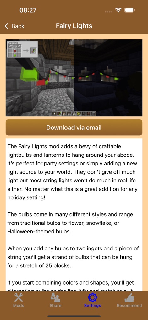 MC - Latest Furniture DLC Mods - Esta imagem ilustra o mod "Fairy Lights", com uma receita de criação visível no canto superior esquerdo e luzes de fada iluminando um ambiente escuro no jogo.