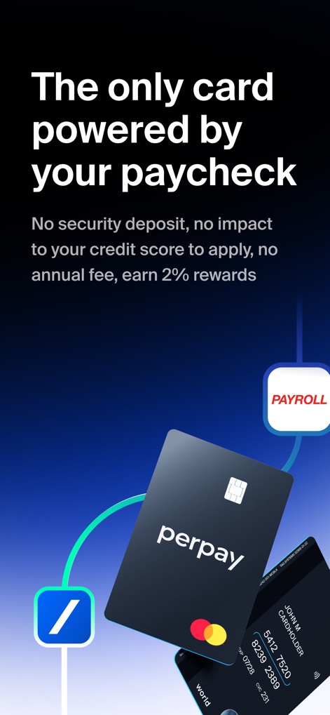 Perpay - Shop and Build Credit - This visual emphasizes the unique "paycheck-powered" nature of the card and highlights key advantages such as earning "2% rewards" and having "no annual fee".