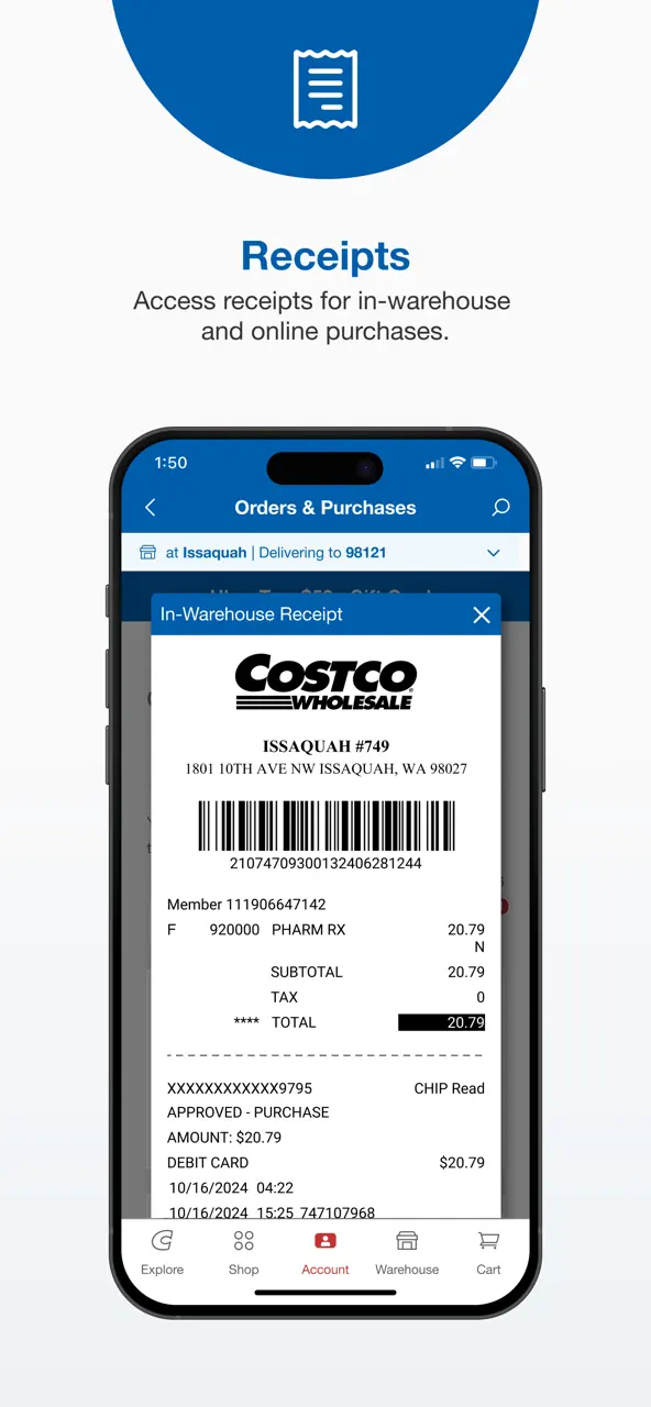 A smartphone screen displaying a Costco digital warehouse receipt within the mobile app